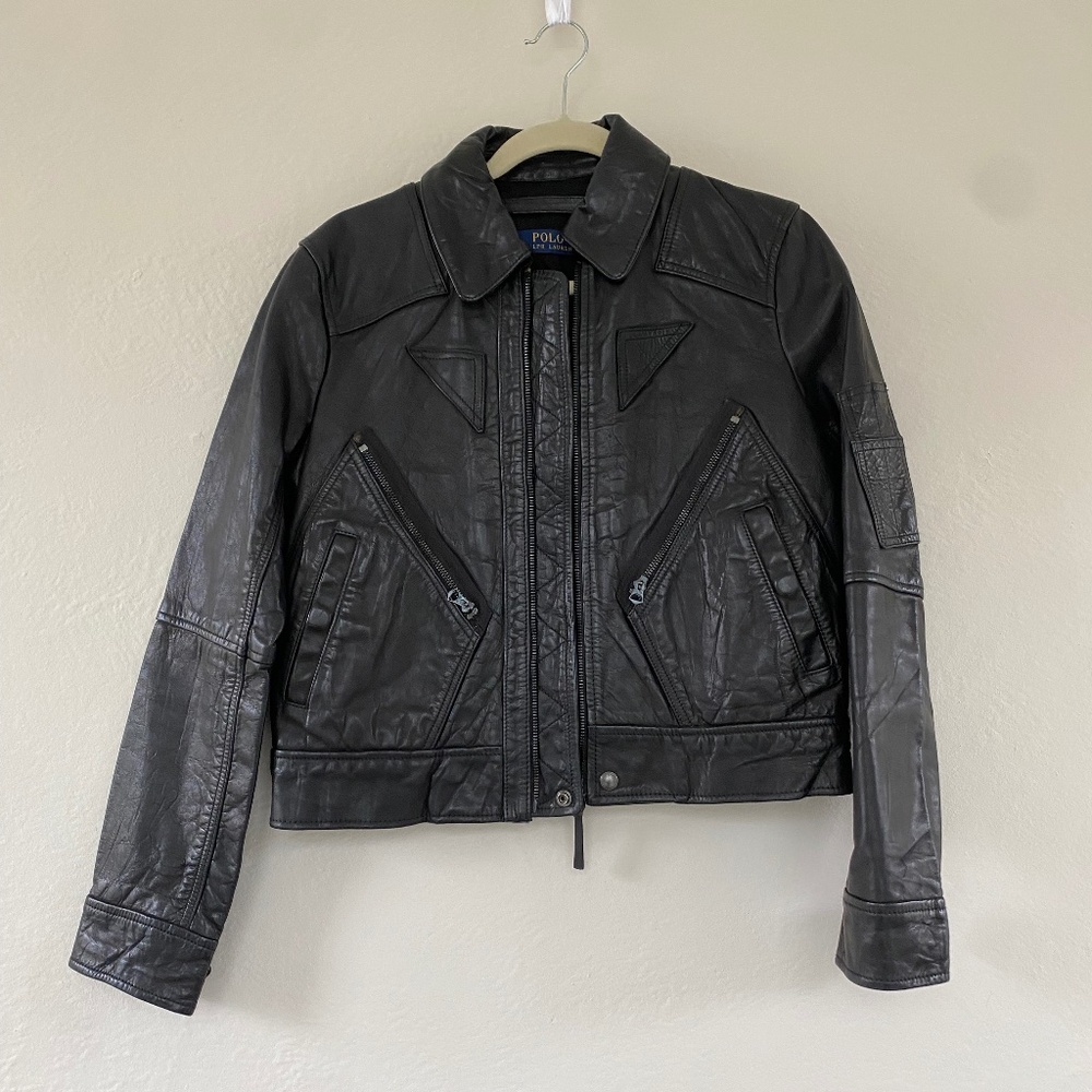 Ralph Lauren Polo Black Bomber Moto Cow Leather Jacket RARE Size S